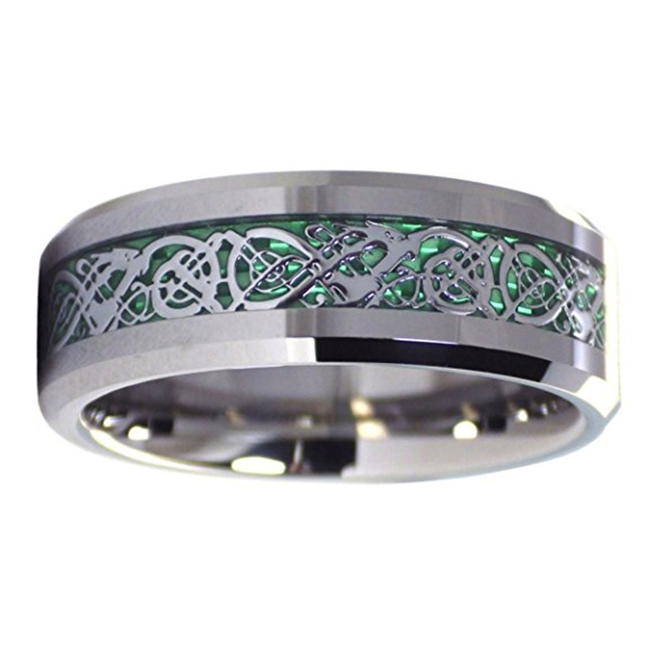 Men's Tungsten Wedding Band (8mm). Men's  Celtic Wedding Band Silver Resin Inlay Green Celtic Knot Tungsten Carbide Ring 