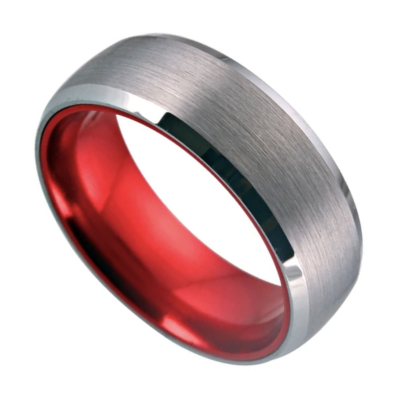 Men's Tungsten Wedding Band (8mm). Top Silver Matte Finish with Duo Inner Red Tone. Tungsten Carbide Ring with Beveled Edge