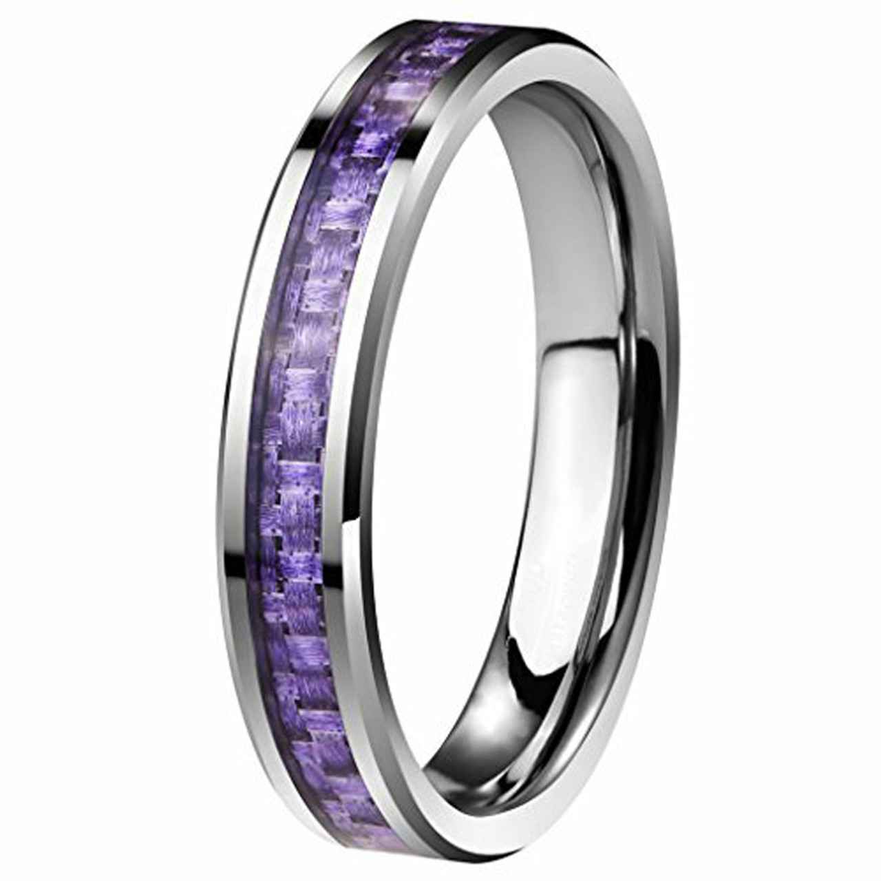 Women's Tungsten Carbide Wedding Band (4mm). Purple Carbon Fiber Inlay Wedding Bands Ring Comfort Fit