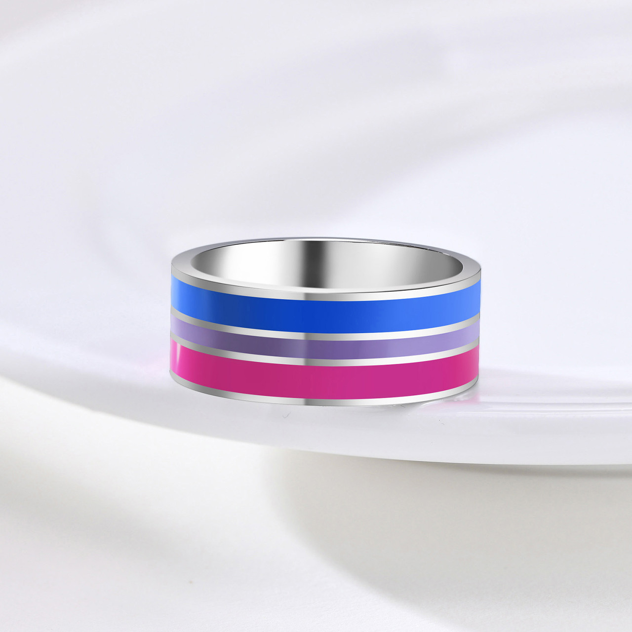 Bi Pride Flag Stripes - Stainless Steel Enamel Ring - Bisexual LGBT Pride Jewelry