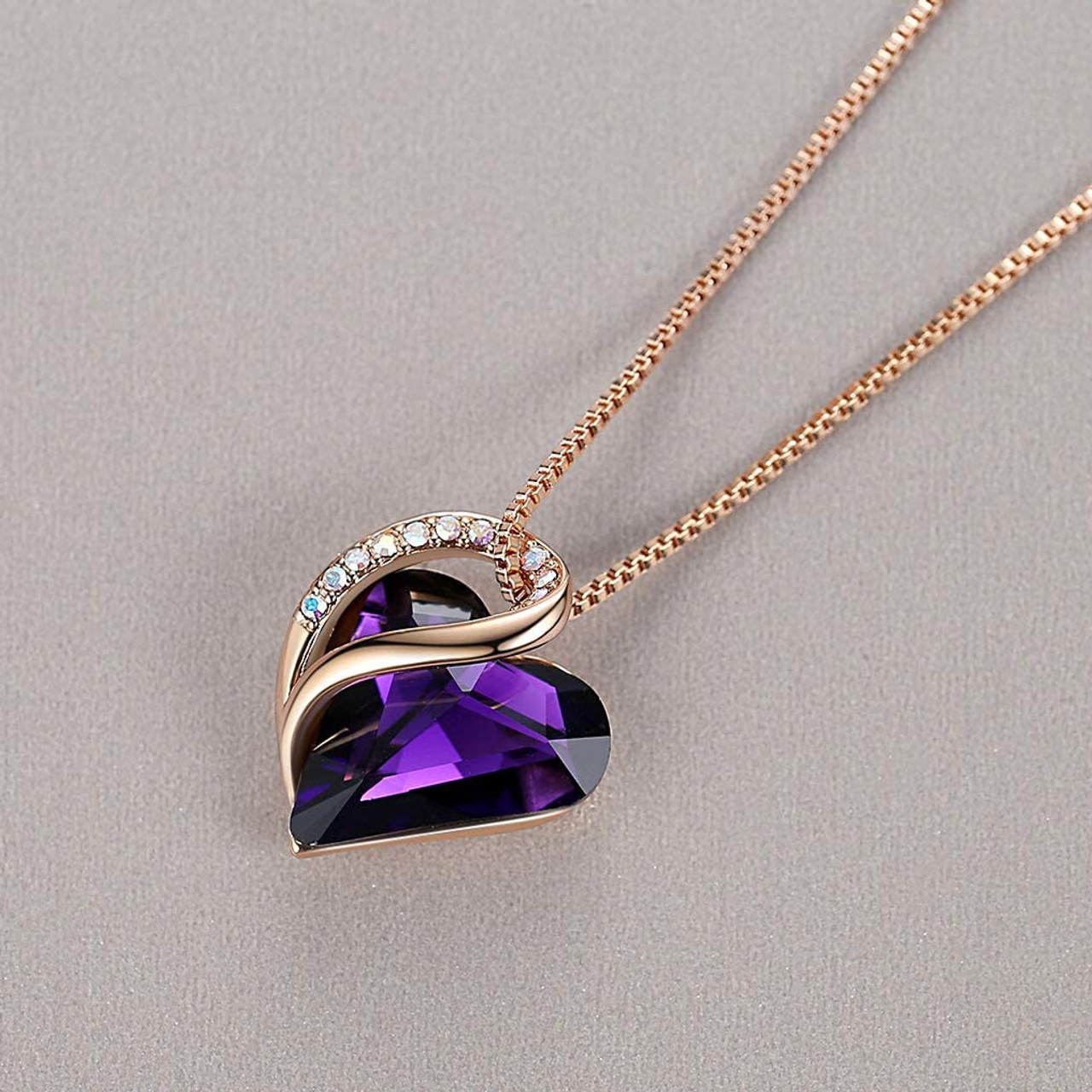 Dark Purple Heart Amethyst Crystal (Rose Gold) Pendant with 18" Chain Necklace -  Gift for Her - Heart Pendant for Women. Color: February Birthstone Crystal