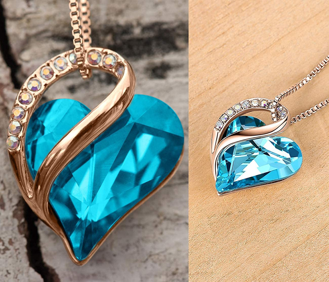 Aqua Blue Heart Turquoise Aquamarine Crystal (Rose Gold) Pendant with 18" Chain Necklace -  Gift for Her - Heart Pendant for Women. Color: March Birthstone Crystal