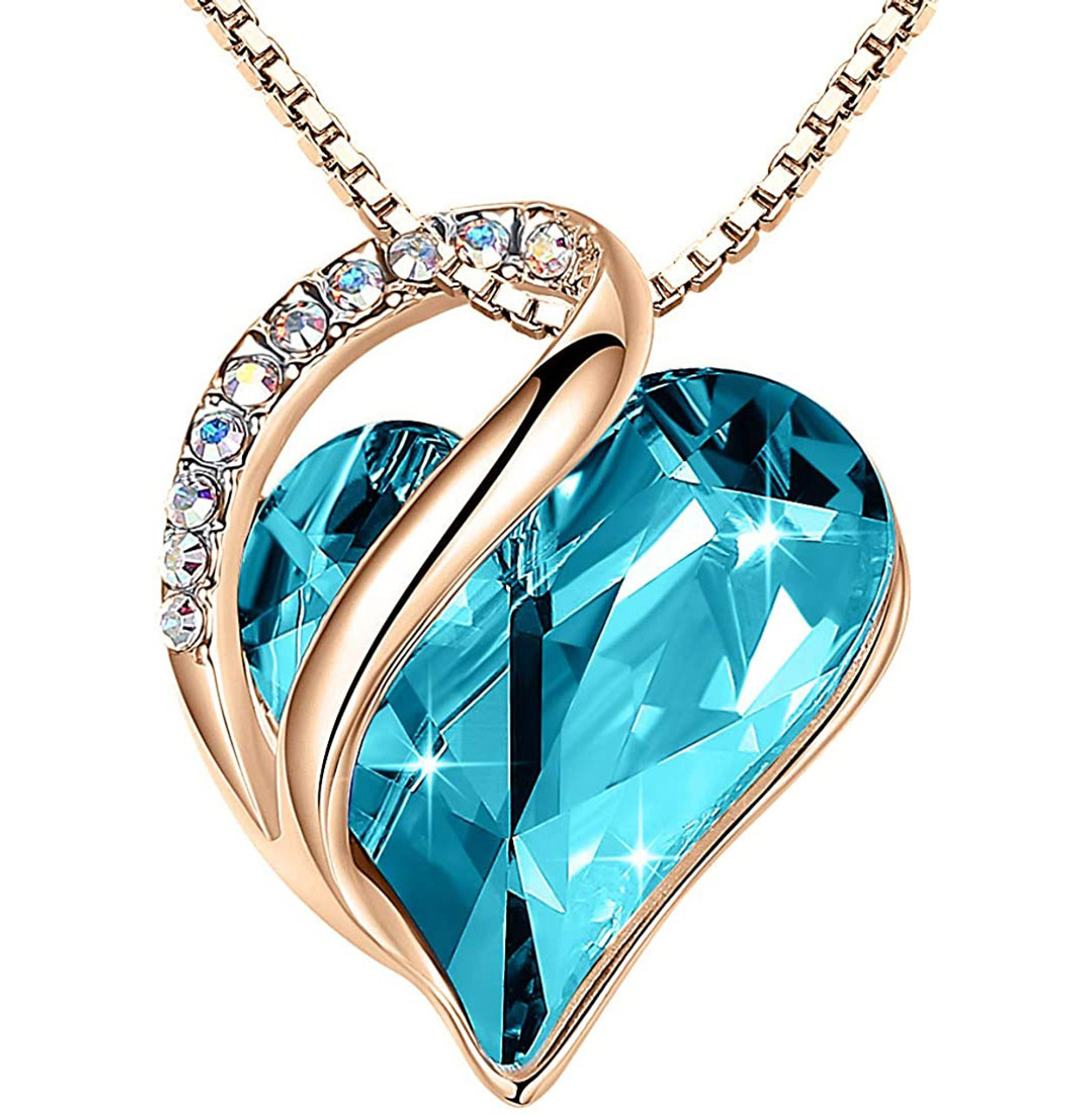 Aqua Blue Heart Turquoise Aquamarine Crystal (Rose Gold) Pendant with 18" Chain Necklace -  Gift for Her - Heart Pendant for Women. Color: March Birthstone Crystal