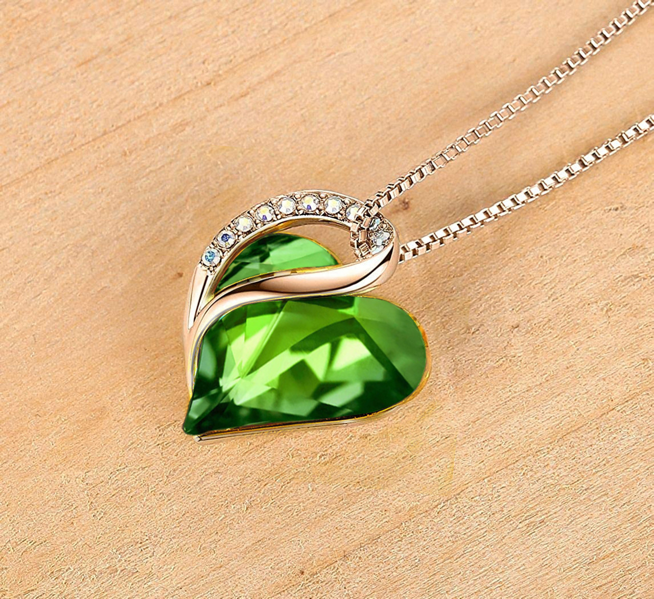 Peridot Green Heart Crystal (Rose Gold) Pendant with 18" Chain Necklace - Gift for Her - Heart Pendant for Women. Color: August Birthstone Crystal