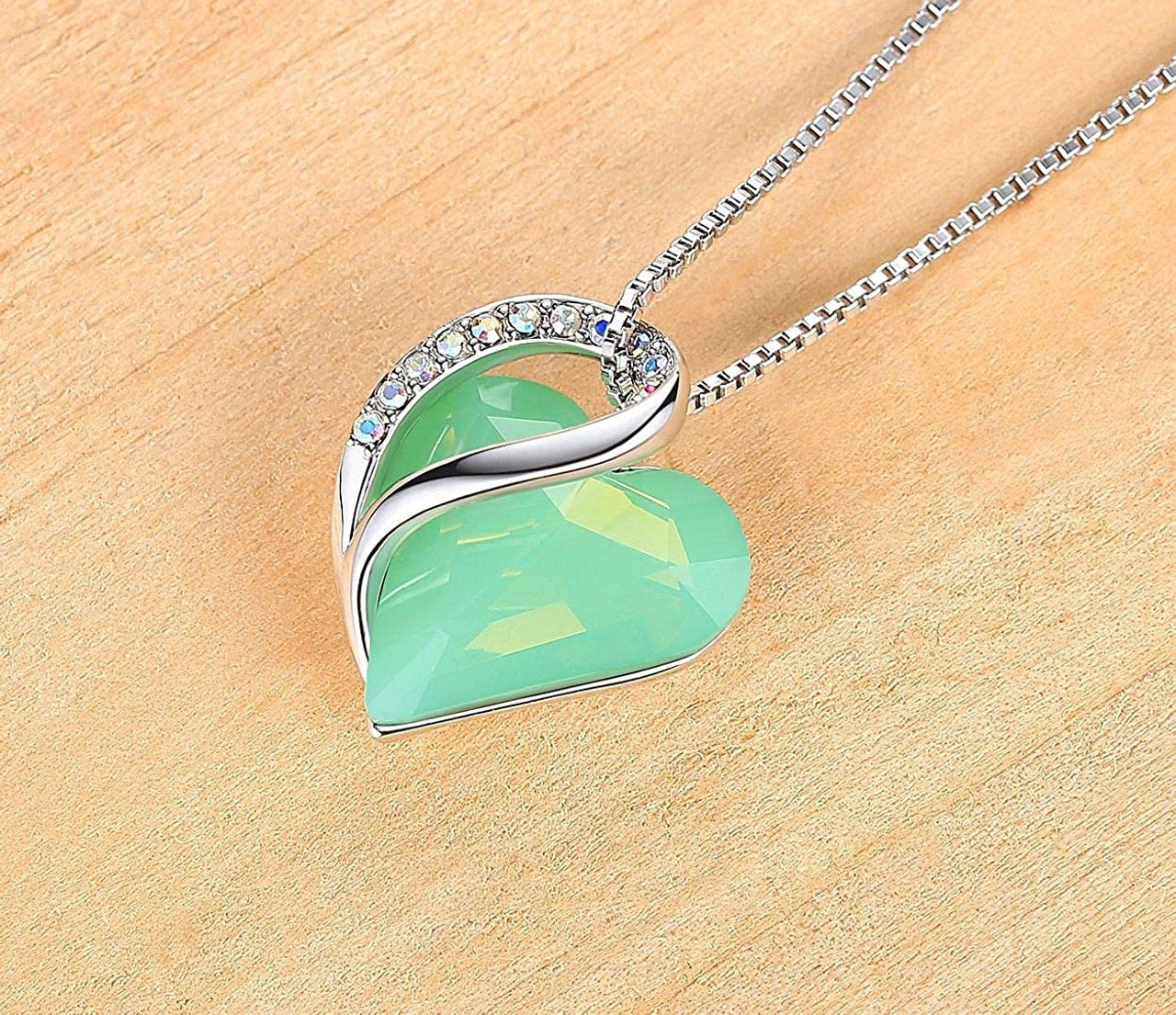  Jade Green Heart Crystal (Silver Tone) Pendant with 18" Chain Necklace - Gift for Her - Heart Pendant for Women. Color: Good Luck / Lucky Crystal