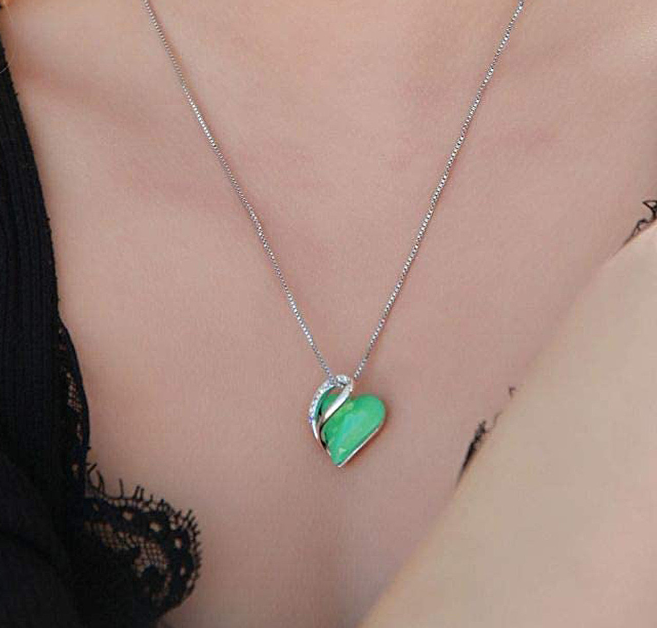 Jade Green Heart  Crystal (Silver Tone) Pendant with 18" Chain Necklace -  Gift for Her - Heart Pendant for Women. Color: Good Luck / Lucky Crystal