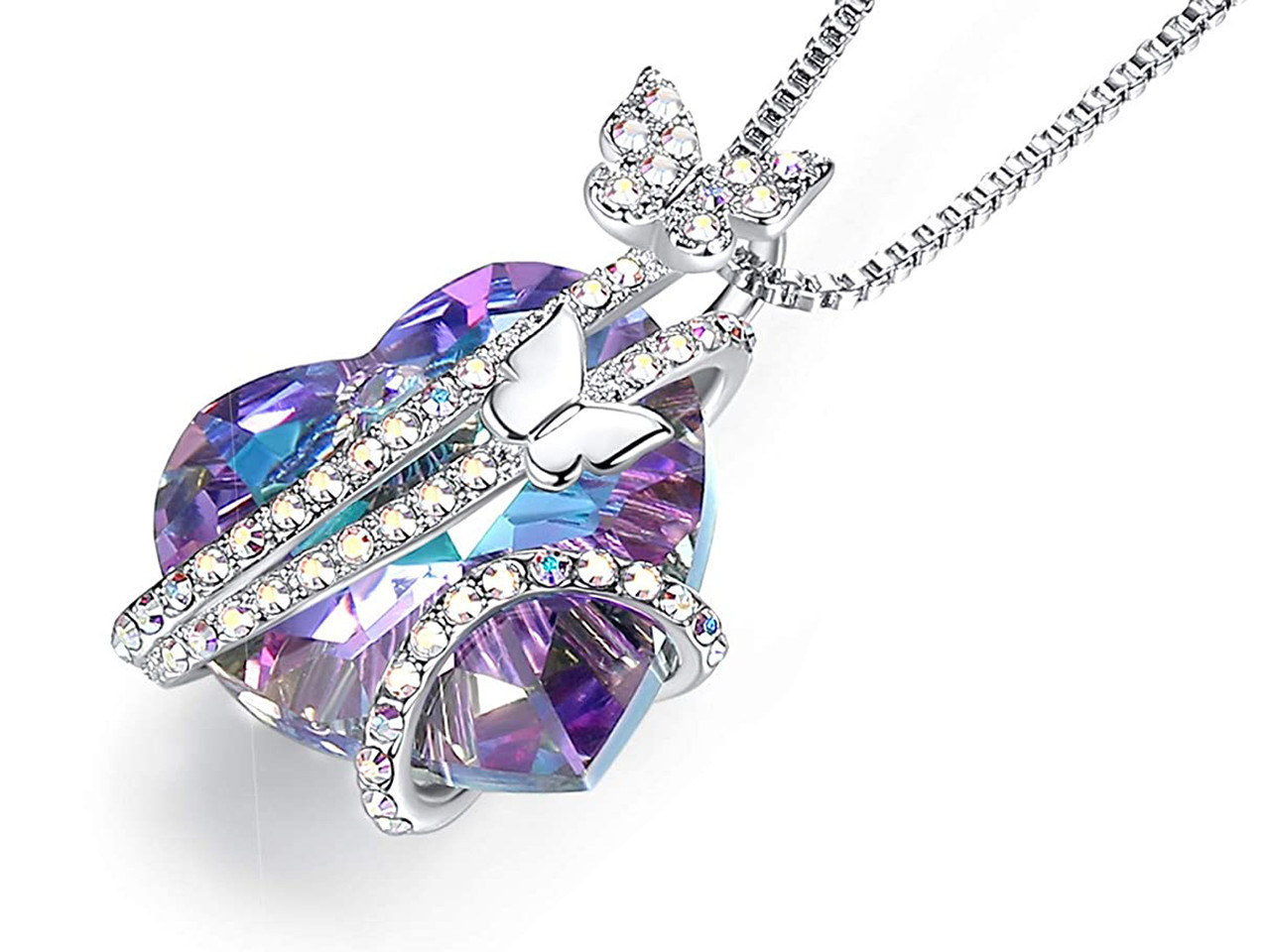 Butterflies on Purple and Blue Heart Crystal Pendant with 18" Chain Necklace. Gift Butterfly Necklace for Women. 