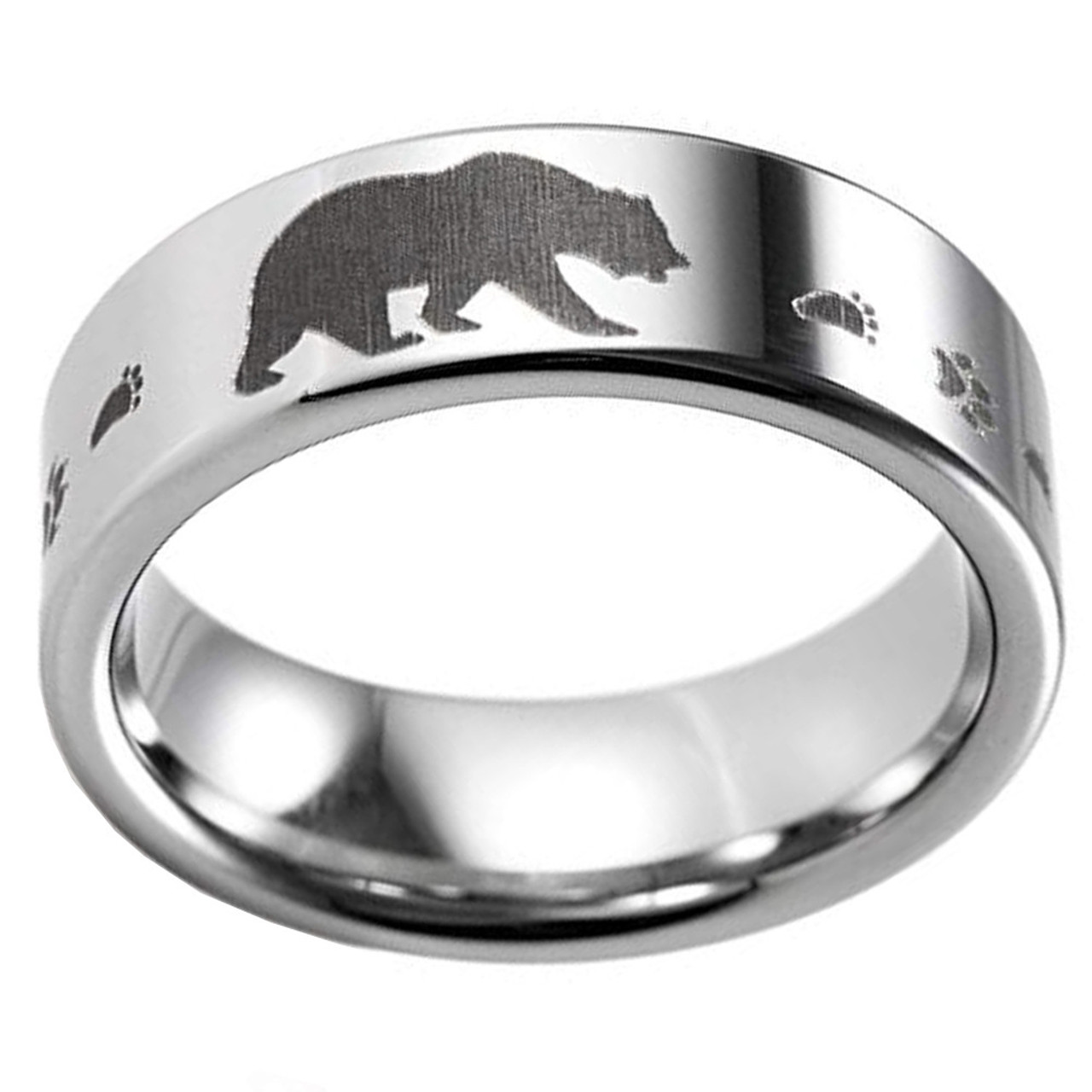 Gay Bear Men's Bear Crossing and Bear Paws Wedding Band or Bear Pride Ring. Silver with Black Laser design. LGBTQ Gay Men's Ring, bear pride ring, gay bear ring, bear pride jewelry, 