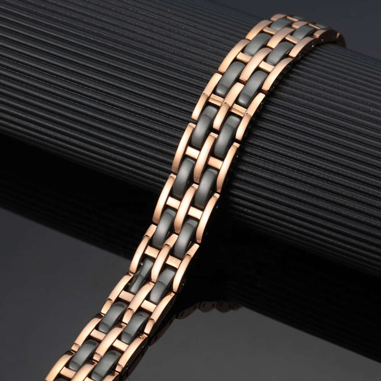 8" Inch - Two Tone Rose Gold and Black Unisex or Men's Steel & Black Ceramic Bracelet - Mens or Unisex for Women.