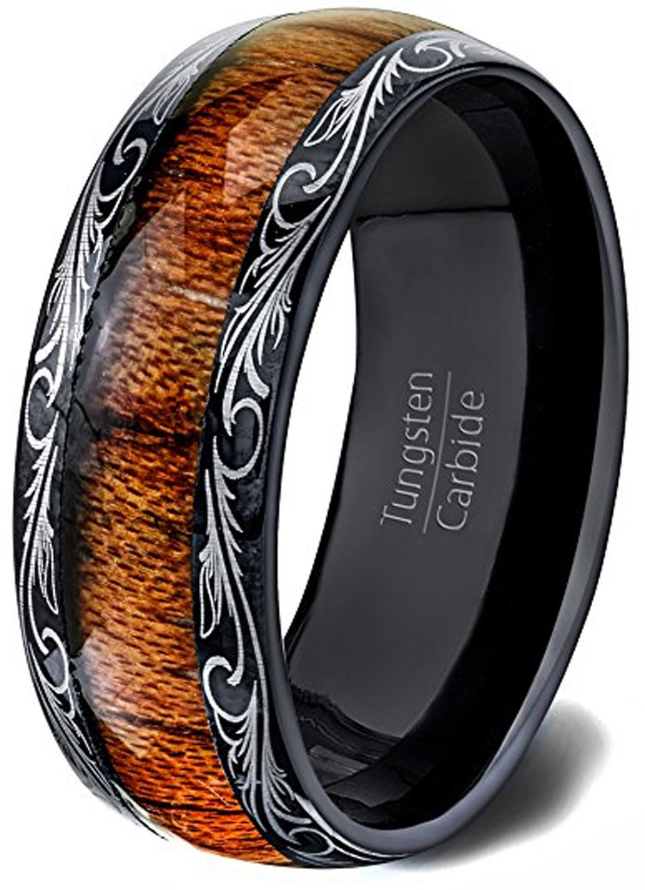 Men's Wedding Tungsten Wedding Band. Wood Inlay with Etched Tribal Pattern - 8mm Domed Tungsten Carbide Ring. Comfort Fit 