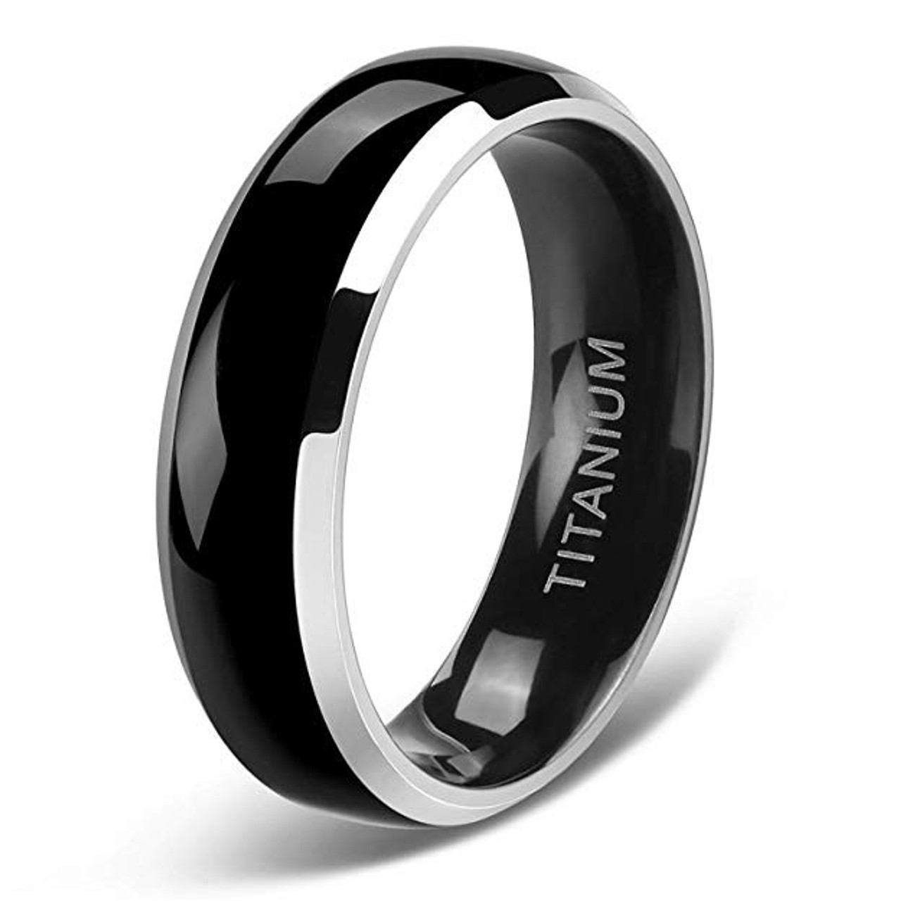 6mm - Unisex (Women's or Men's) Black and Silver Two Tone Titanium Wedding Bands. High Polish Finish - Comfort Fit Ring is Light Weight