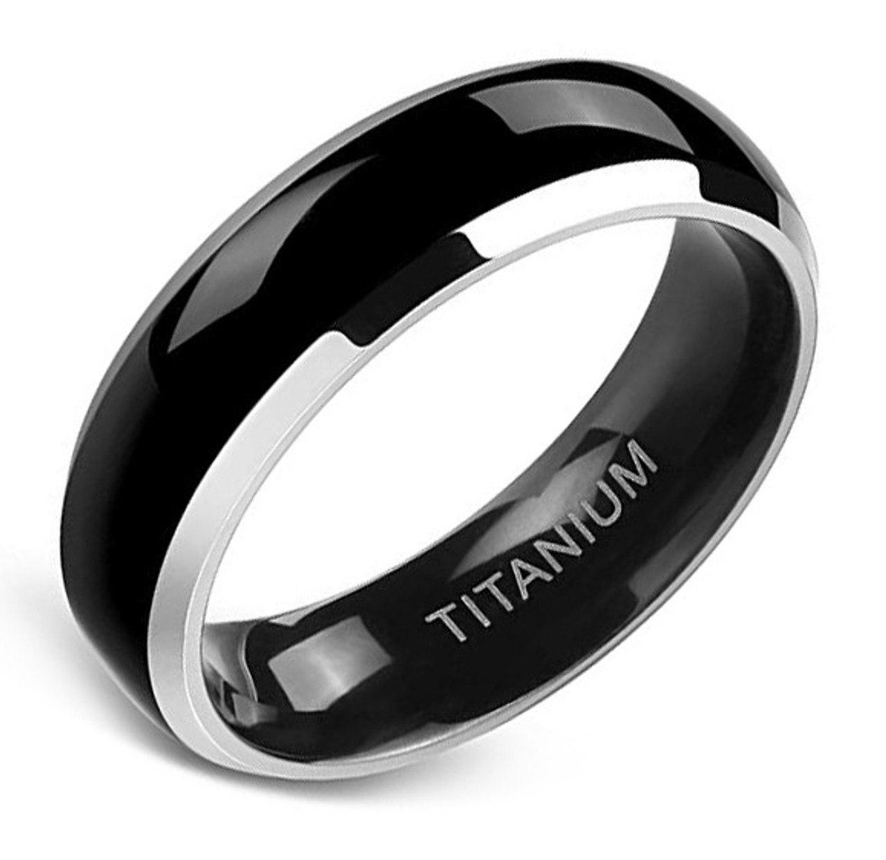 6mm - Unisex (Women's or Men's) Black and Silver Two Tone Titanium Wedding Bands. High Polish Finish - Comfort Fit Ring is Light Weight