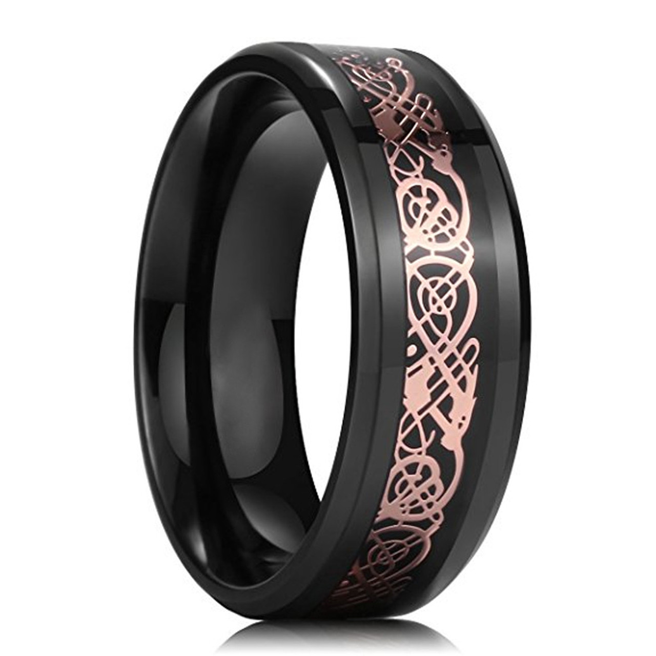 Men's Tungsten Wedding Band (8mm). Celtic Wedding Band Black with Rose Gold Celtic Knot Inlay - Tungsten Carbide Ring