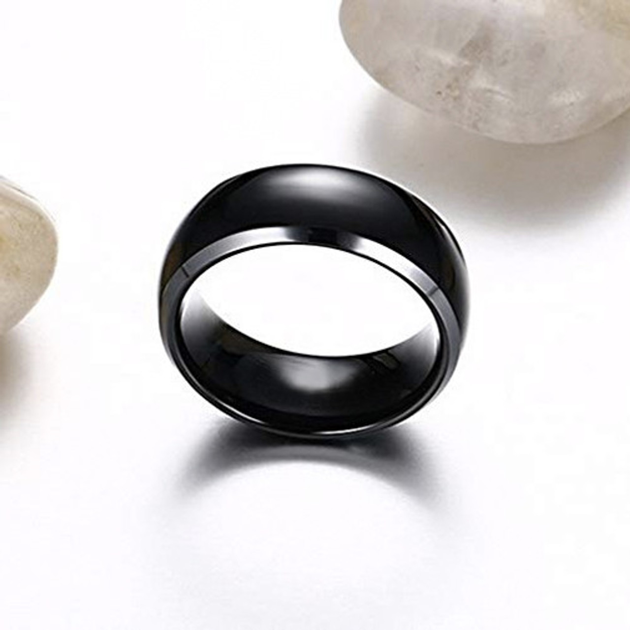 8mm - Men's or Unisex Black and Silver Two Tone Titanium Wedding Bands. High Polish Finish - Comfort Fit Ring is Light Weight