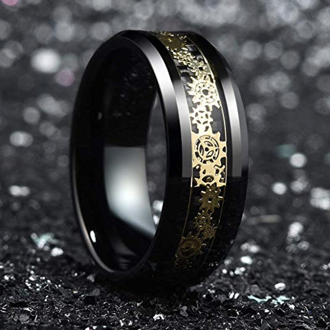 Men's Tungsten Wedding Band (8mm). Wedding Band Black with Gold Mechanical Gears Over Black Carbon Fiber. Tungsten Carbide Ring