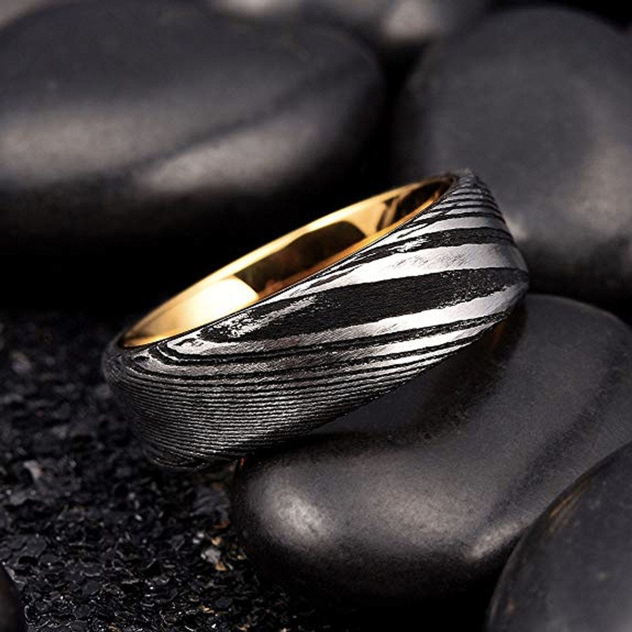 Men's Real Damascus Steel Ring (8mm) - Silver, Black and 14K Gold Inside Wedding Ring - Pipe Cut Flat Style