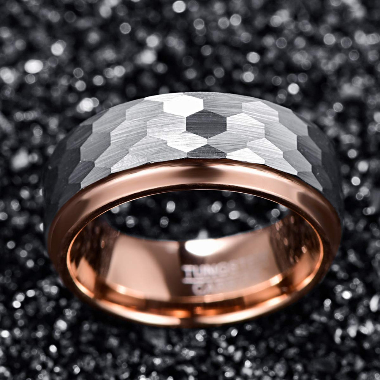 Womens or Mens Tungsten Wedding Band (8mm). Matte Silver and Rose Gold Hammered Finish Tungsten Carbide Ring with one visible edge.