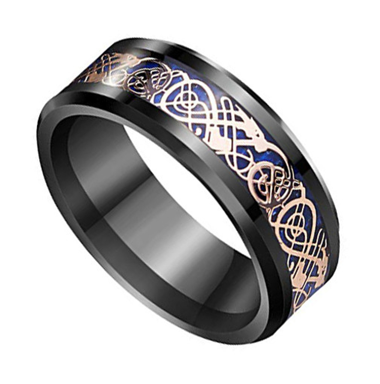Men's Tungsten Wedding Band (8mm). Celtic Wedding Band - Black with Rose Gold Celtic Knot over Blue Carbon Fiber Inlay