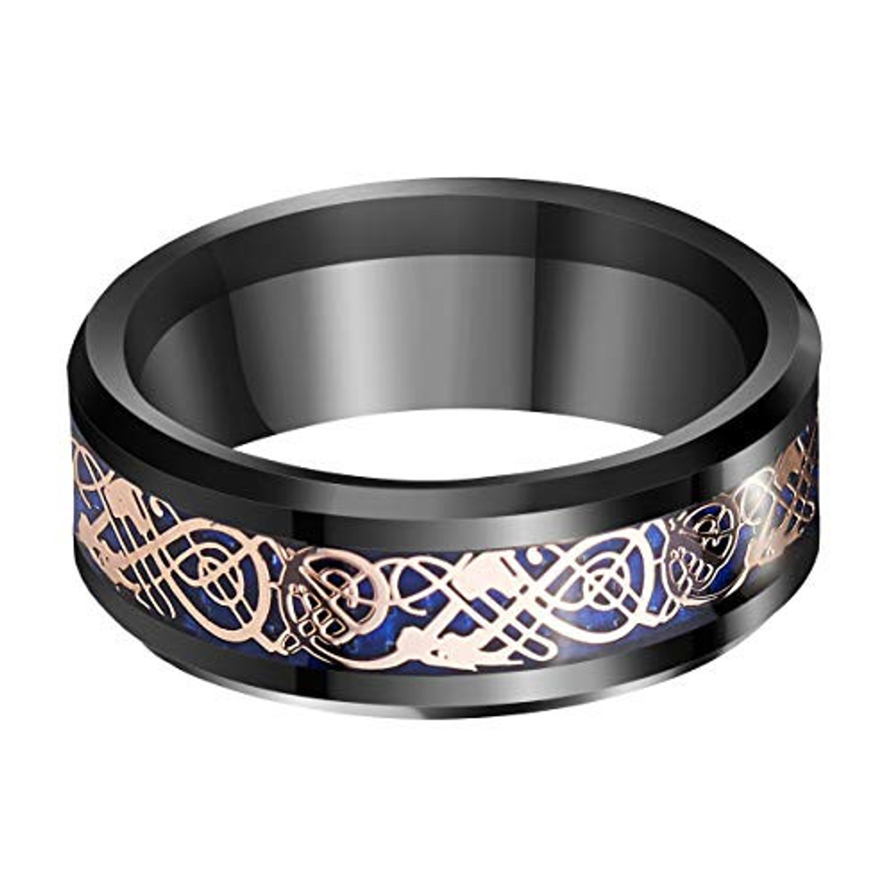 Men's Tungsten Wedding Band (8mm). Celtic Wedding Band - Black with Rose Gold Celtic Knot over Blue Carbon Fiber Inlay