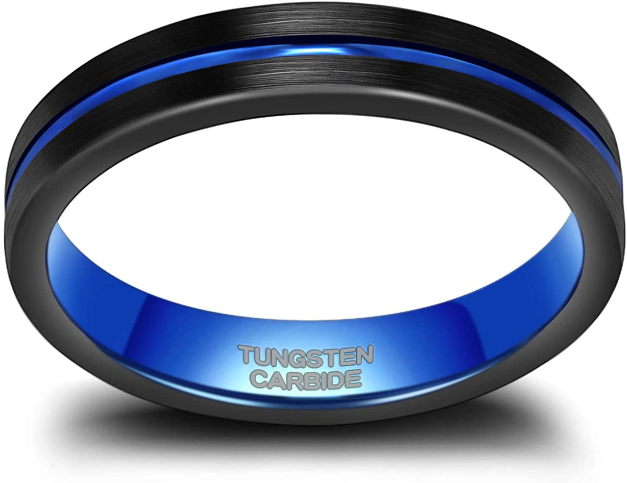 Women's Tungsten Wedding Band (4mm). Black Matte Finish with Blue Groove Tungsten Carbide Ring.