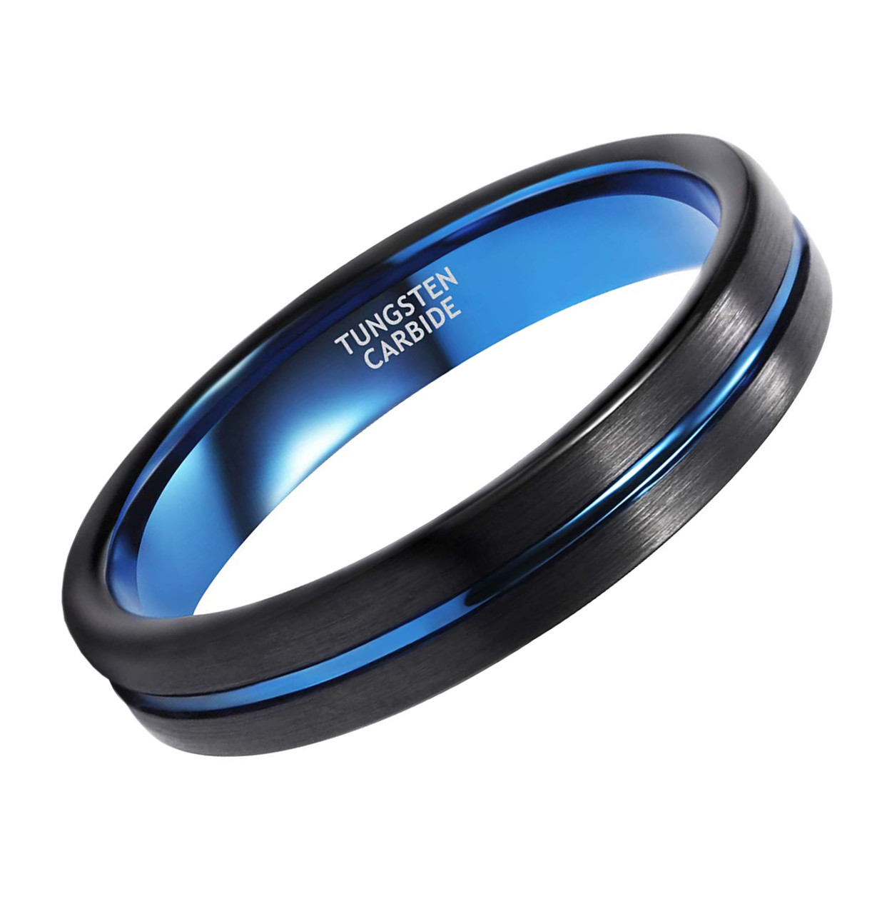 Women's Tungsten Wedding Band (4mm). Black Matte Finish with Blue Groove Tungsten Carbide Ring.