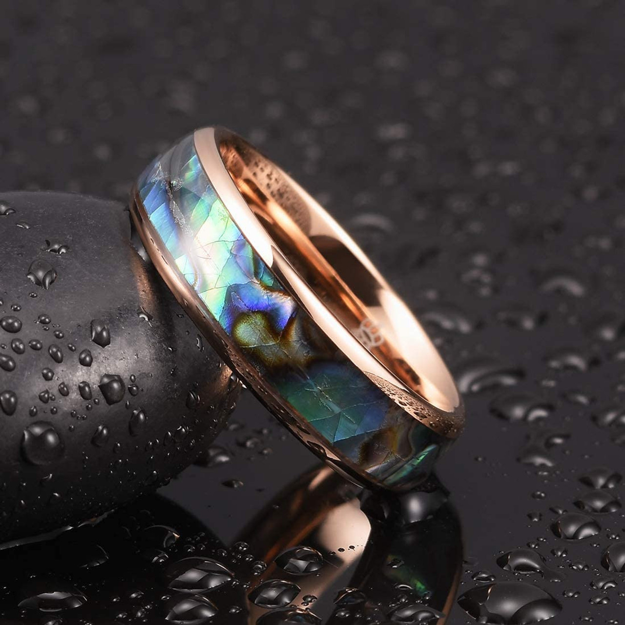 Gay Pride Rainbow Ring - Rose Gold Women's or Men's Domed Tungsten Wedding Band (6mm) with Rainbow Abalone Shell Inlay Ring (Organic colors) gay wedding ring, gay promise ring, gay couples ring, lesbian engagement ring, lesbian wedding ring, pride ring, pride rings, rainbow ring, rainbow rings, rainbow wedding ring, rainbow engagement ring, LGBT wedding ring