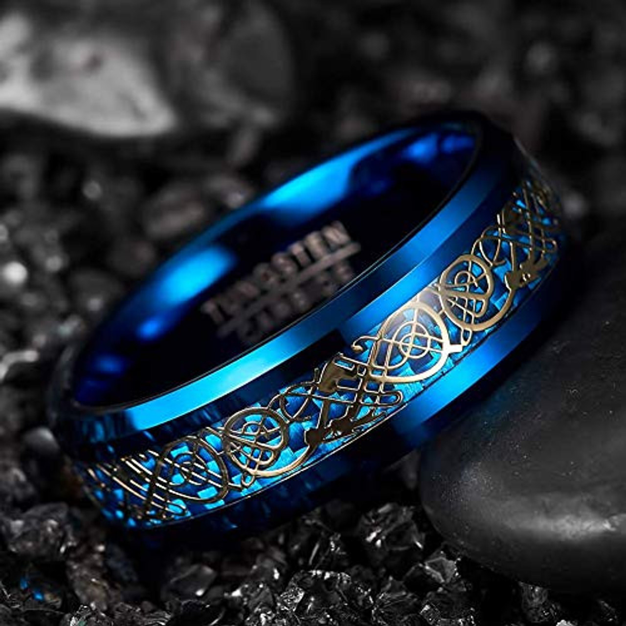 Men's Tungsten Wedding Band (8mm). Blue Celtic Wedding Band. Blue and Rose Gold Resin Inlay Celtic Knot Tungsten Carbide Ring Comfort Fit
