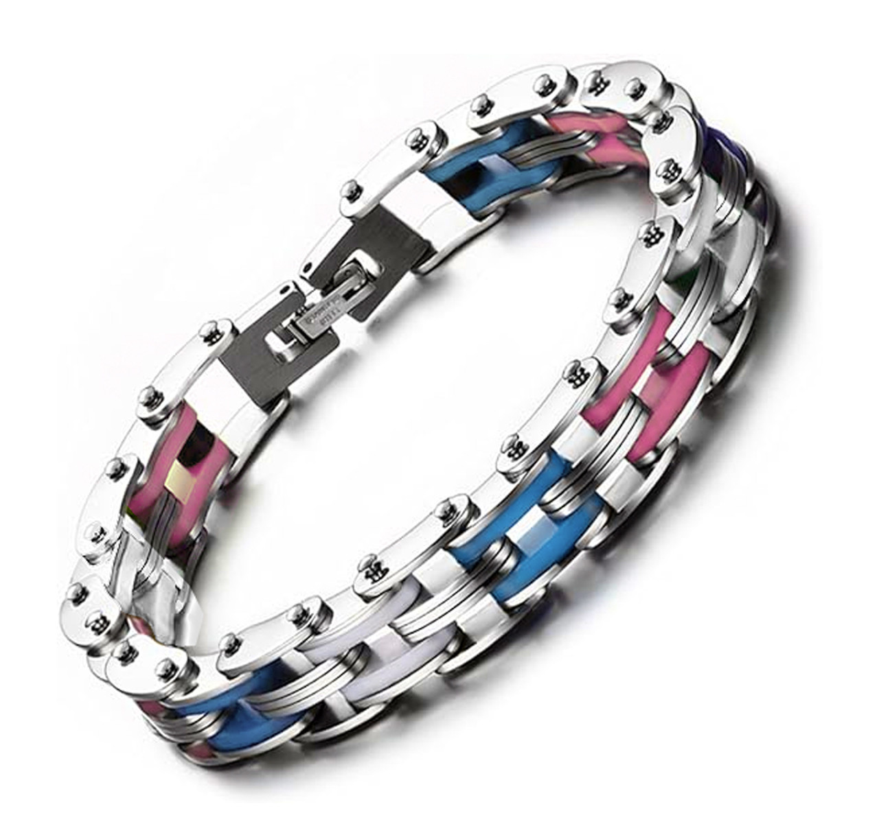 Transgender Pride Stainless Steel Bracelet Bike Gear Chain Wristlet - LGBTQ Pride Wristband with Transgender Flag Colors, Trans Pride Jewelry Store / Shop