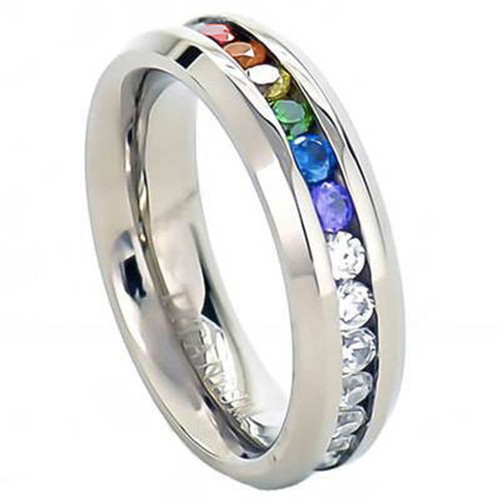 Gay Pride Rainbow Ring - Women's or Men's Tungsten Wedding Bands (8mm).  Gold Tone Ring with Rainbow Abalone Shell Inlay Ring (Organic colors) -  Pride Shack
