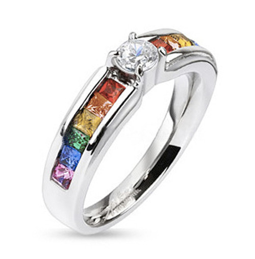 Rainbow Ring with CZ Middle Stone - Lesbian & Gay Engagement Wedding Ring  - lesbian pride ring, gay rings, rainbow ring, gay pride ring, pride ring, pride rings, LGBTQ rings, LGBT ring, pride jewelry,  pride jewellery, gay jewellery, gay flag rings, pride ring, gay jewelry, gay men rings,