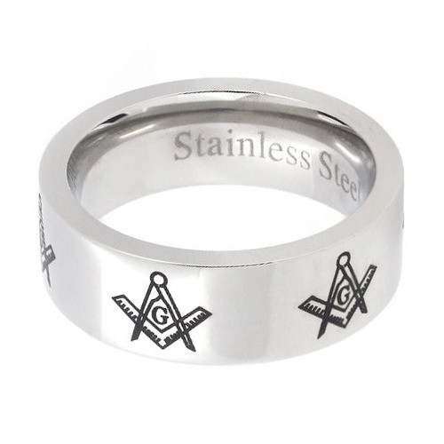 Mason Silver Color and Black Enamel Simple Band - Freemason Ring / Masonic Ring