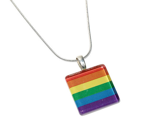 Square Rainbow Flag Pride Glass Pendant with Chain. GLBT Pride Jewelry and Accessories. 
