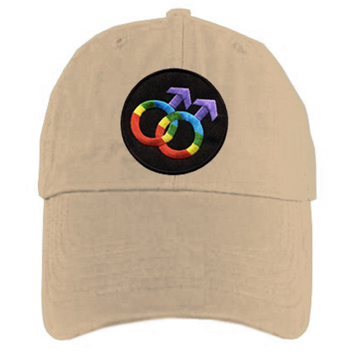 Tan Baseball Cap with Rainbow Double Mars Gay Male Symbols - LGBT Gay Men's Pride Hat. Gay Pride Clothing & Apparel - gay mens baseball cap, gay pride hats men, gay male symbol hat, male symbols cap, pride merchandise,

pride clothing,
pride clothes,
pride apparel,
gay pride apparel,
gay apparel,
pride gear,