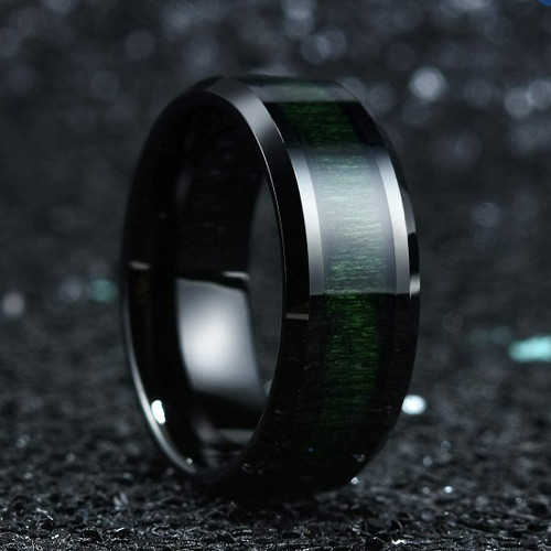 Men's Tungsten Wedding Band (8mm). Black with Ultra Dark Green Wood Inlay and Beveled Edges