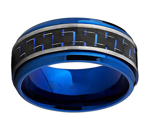Men's Titanium Wedding Band (8mm). Blue Tone Ring with Blue and Black Carbon Fiber Inlay. 