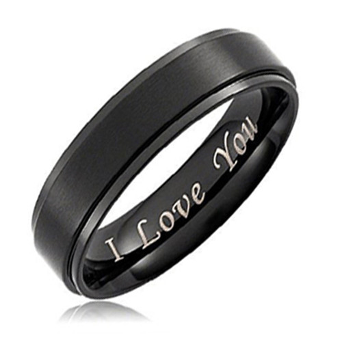 I Love You - Unisex or Women's Titanium Wedding Band Black (6mm). Light Weight, Engraved Comfort Fit Wedding Ring.