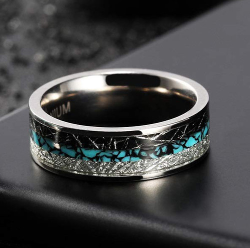 Women's Titanium Wedding Band (6mm). Silver and Tri Color - Titanium Ring with Turquoise and Double Inspire Meteorite Inlay. Comfort Fit Light Weight