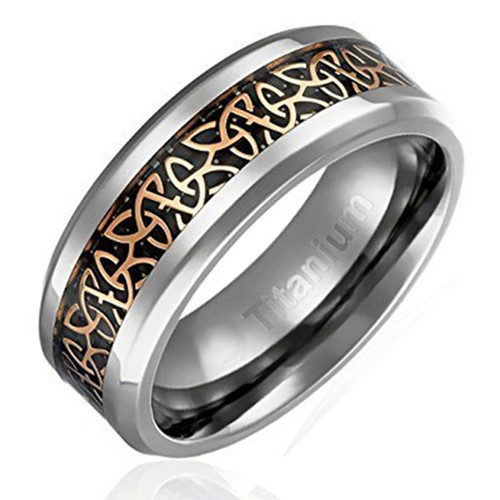 Men's Titanium Irish Triquetra Wedding Band Ring (8mm). Black and Gold Celtic Knot Carbon Fiber Inlay