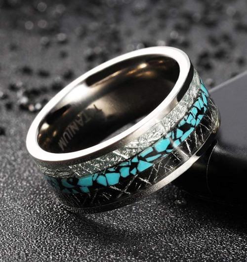 Men's Titanium Wedding Bands (8mm). Silver and Tri Color - Titanium Ring with Turquoise and Double Inspired Meteorite Inlay. Comfort Fit Light Weight