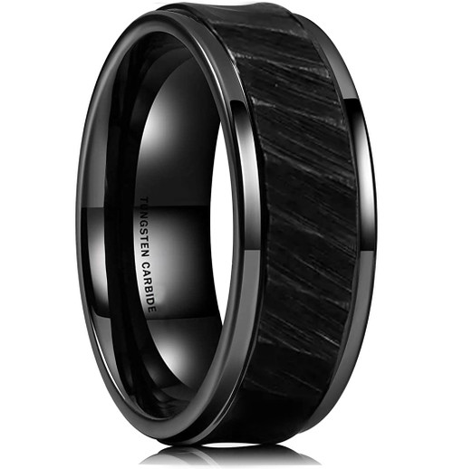 Men's Tungsten Wedding Band (8mm). Black Hammered Finish Tungsten Carbide Ring with Beveled Edge.