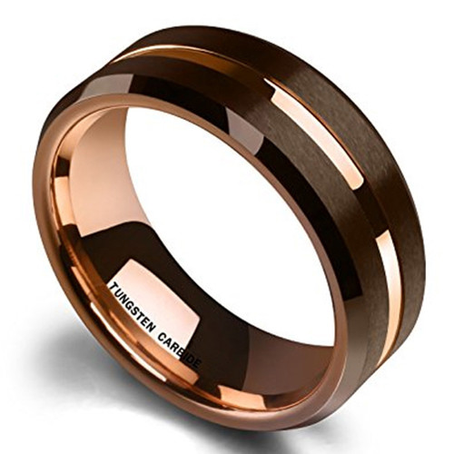 Men's Tungsten Wedding Band (8mm). Brown Matte Finish Tungsten Carbide Ring with Rose Gold Beveled Edge