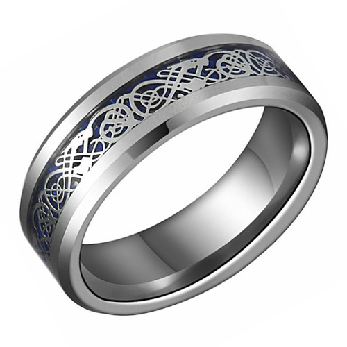 Men's Tungsten Wedding Band (8mm). Celtic Wedding Band - Silver Resin Inlay Blue Celtic Knot Tungsten Carbide Ring