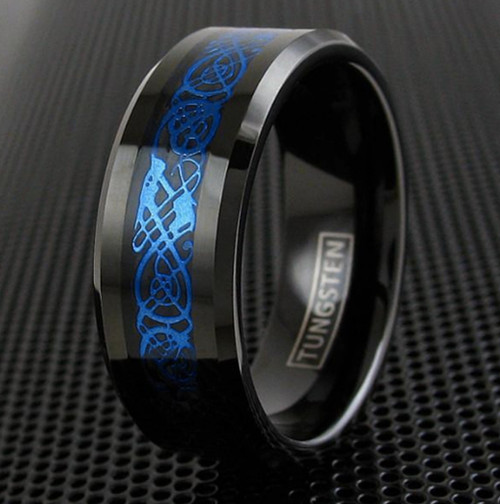 Unisex or Men's Tungsten Wedding Band (8mm). Celtic Wedding Band. Black Resin Inlay Sky Blue Celtic Knot Tungsten Carbide Ring