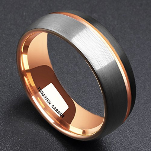 Men's Tungsten Wedding Band (8mm). Domed Top Triple Tone Black, Gray and Rose Gold Tone Striped Pattern. Comfort Fit Tungsten Ring