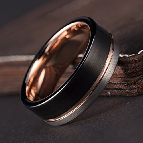 Men's Tungsten Wedding Band (8mm). Triple Tone Black, Gray and Rose Gold Tone Striped Pattern. Tungsten Ring Comfort Fit