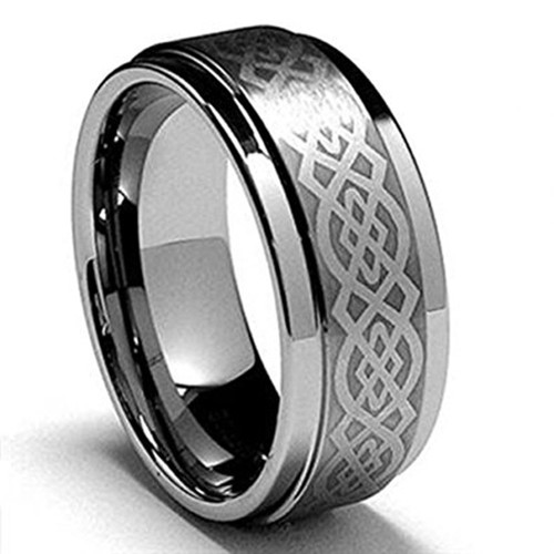 Men's Tungsten Wedding Band (8mm) Silver Ring. Celtic Wedding Band. Laser Etched Celtic Knot Tungsten Carbide Ring.