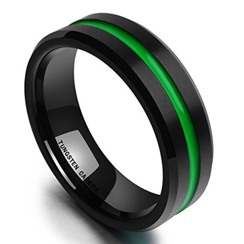 Men's Wedding Band (8mm). Black and Green Lined Matte Finish Tungsten Carbide Ring . Beveled Edge