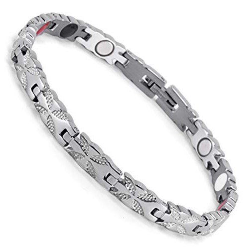  8" Inch - Magnetic Stainless Steel Bracelet for Women - Silver Tone Stainless Steel Magnetic Bracelet with magnets, far infrared, germanium and negative Ion technology)