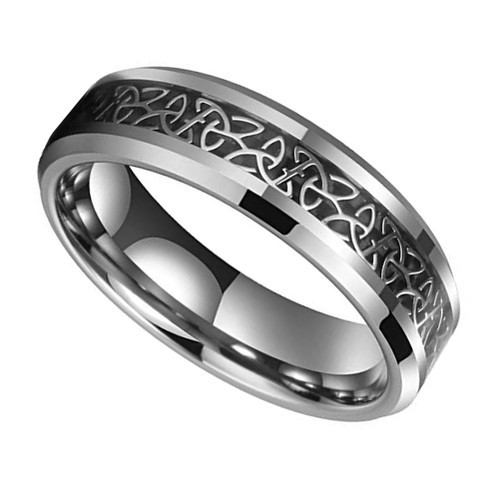 Women's Tungsten Wedding Band (6mm). Irish Trinity Triquetra Ring. Black and Silver Tone Celtic Knot Carbon Fiber Inlay