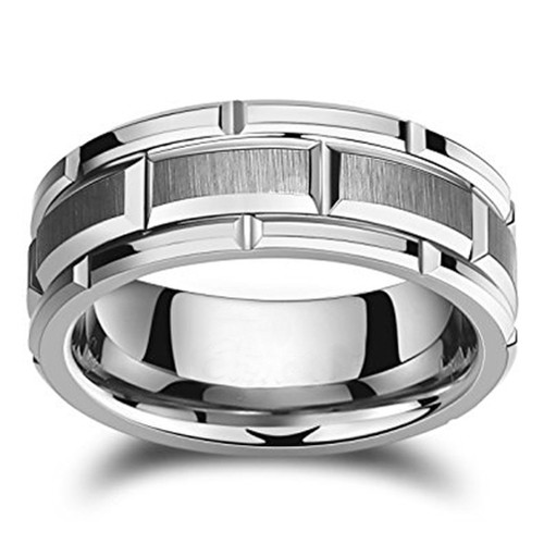 Men's Tungsten Wedding Band (8mm). Silver Tone Brick Pattern Tungsten Wedding Band Ring Comfort Fit